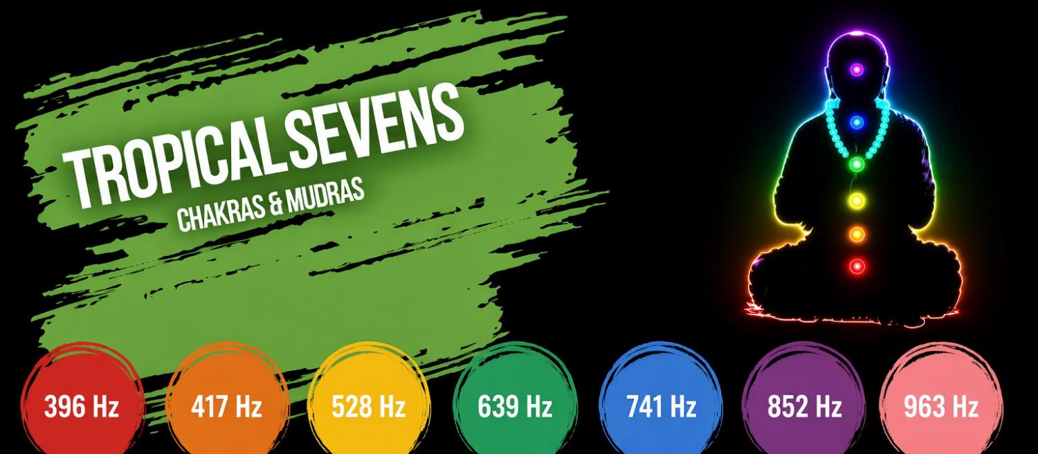 Tropical Sevens banner — Chakras and Mudras, with Solfeggio frequencies from 396 to 963 hertz