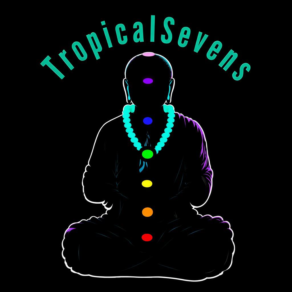 Tropical Sevens logo — a seated silhouette with seven chakra lights and a teal arched wordmark